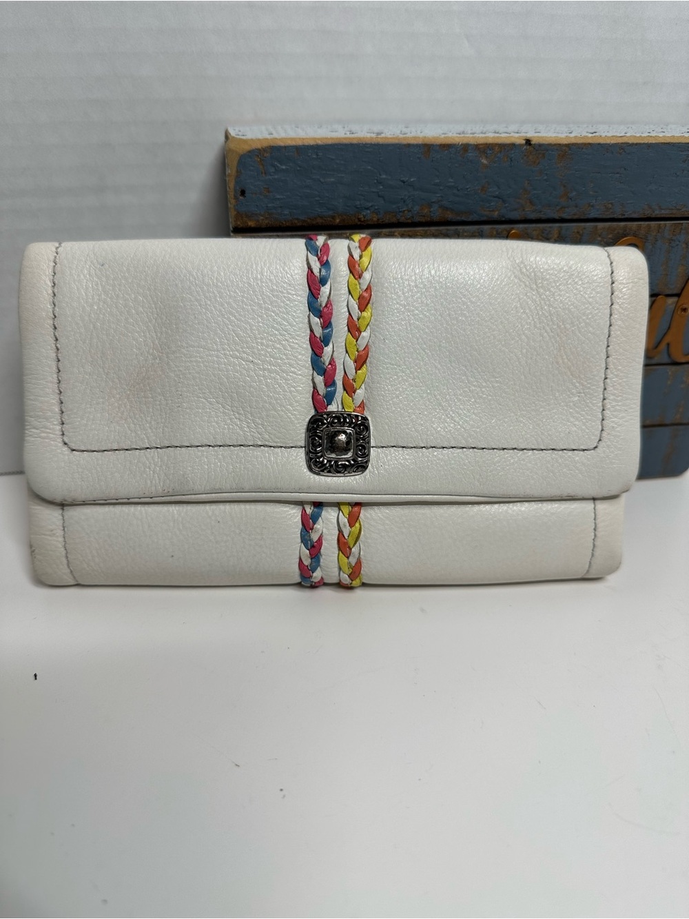 Brighton White Foldover Wallet with Multicolor Braided Trim